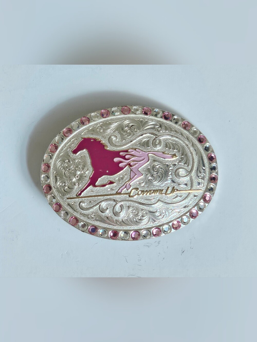 Montana Silversmiths "Cowgirl Up" Pink Rhinestone Buckle #31052 (Discontinued)
